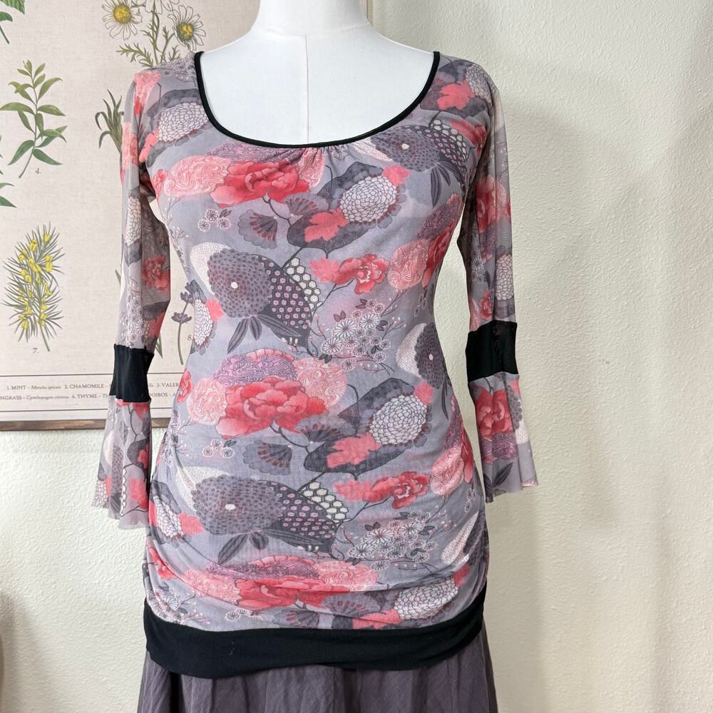 Vintage 90s Y2k Multicolor Floral Mesh 3/4 Sleeve Top Fairy Grunge Whimsy L